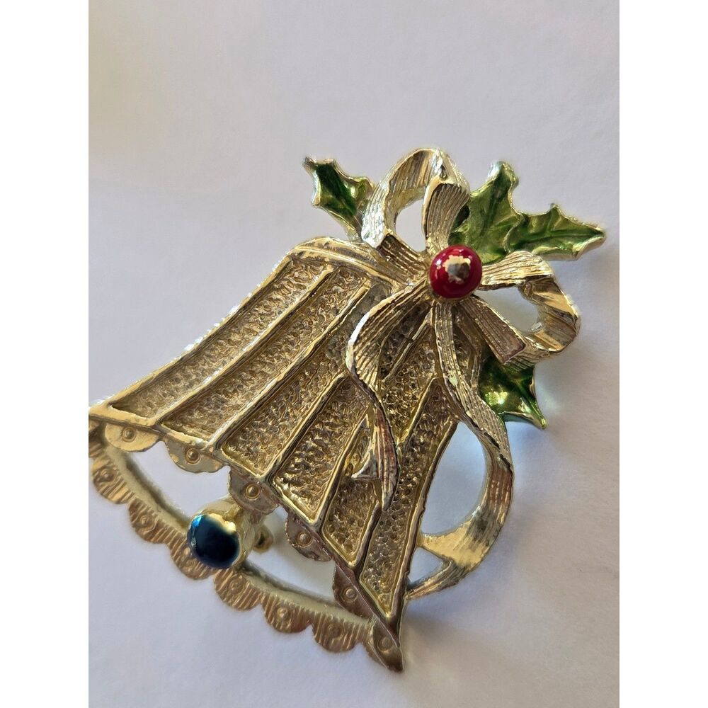 Vintage Gerrys Christmas Bell Brooch Gold Tone Enamel Holly Leaf Pin Signed